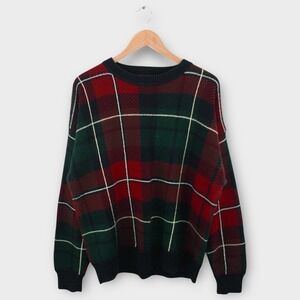 Vintage Plaid Sweater Mens L 90s Grunge Cotton Cabin Core Red Green Oversized